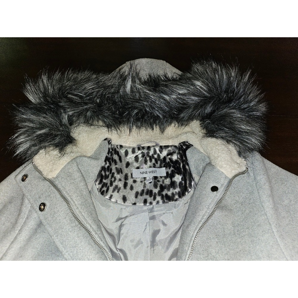 Nine West Hooded Coat Womens Large Gray Faux Fur Trim Wool Blend Parka Jacket